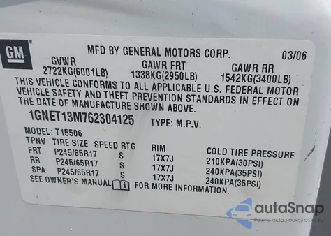 2006 Chevrolet Trailblazer Lt from USA, damaged, VIN 1GNET13M762304125